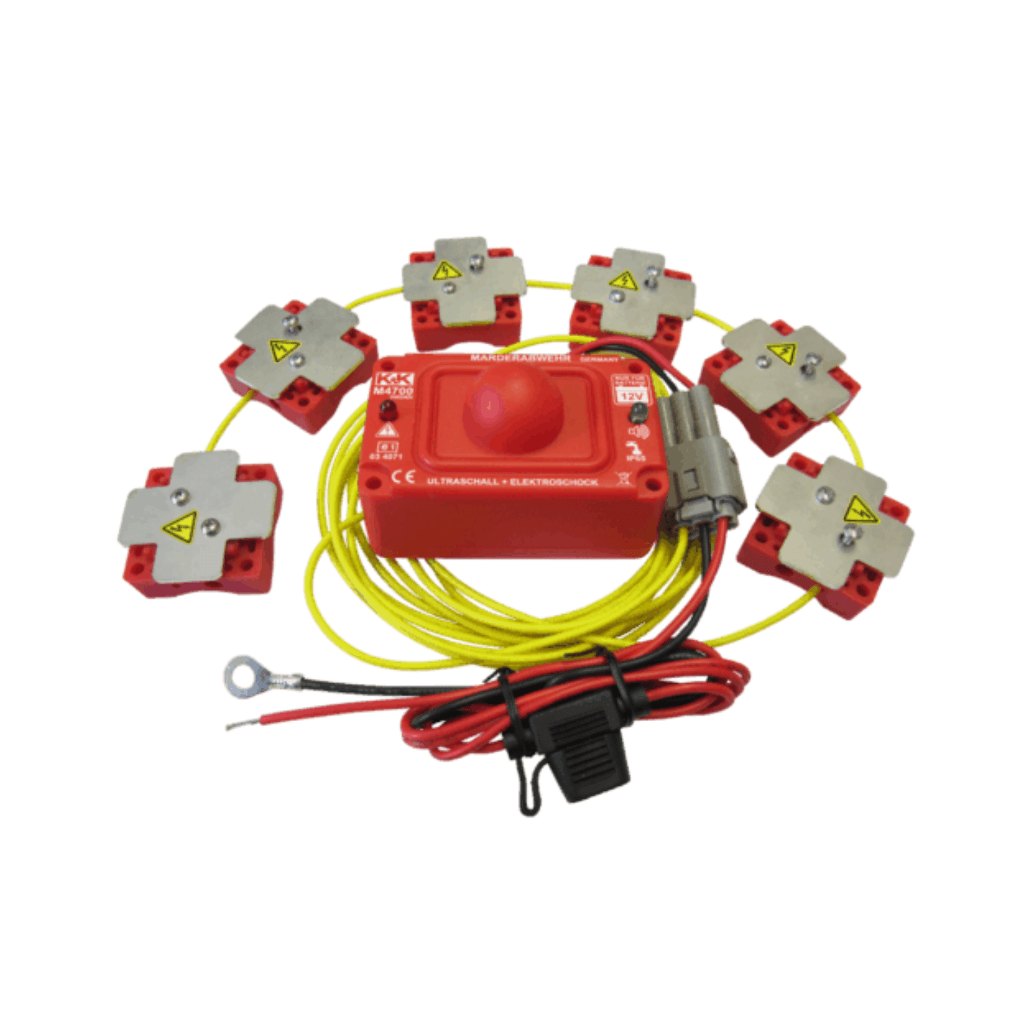 <b>Maderabwehr (intensiv)</b> <br> K+K Ultraschall 360° + 6x Strombürsten welche durch Fell und Pfoten streichen reagiert + Schalter